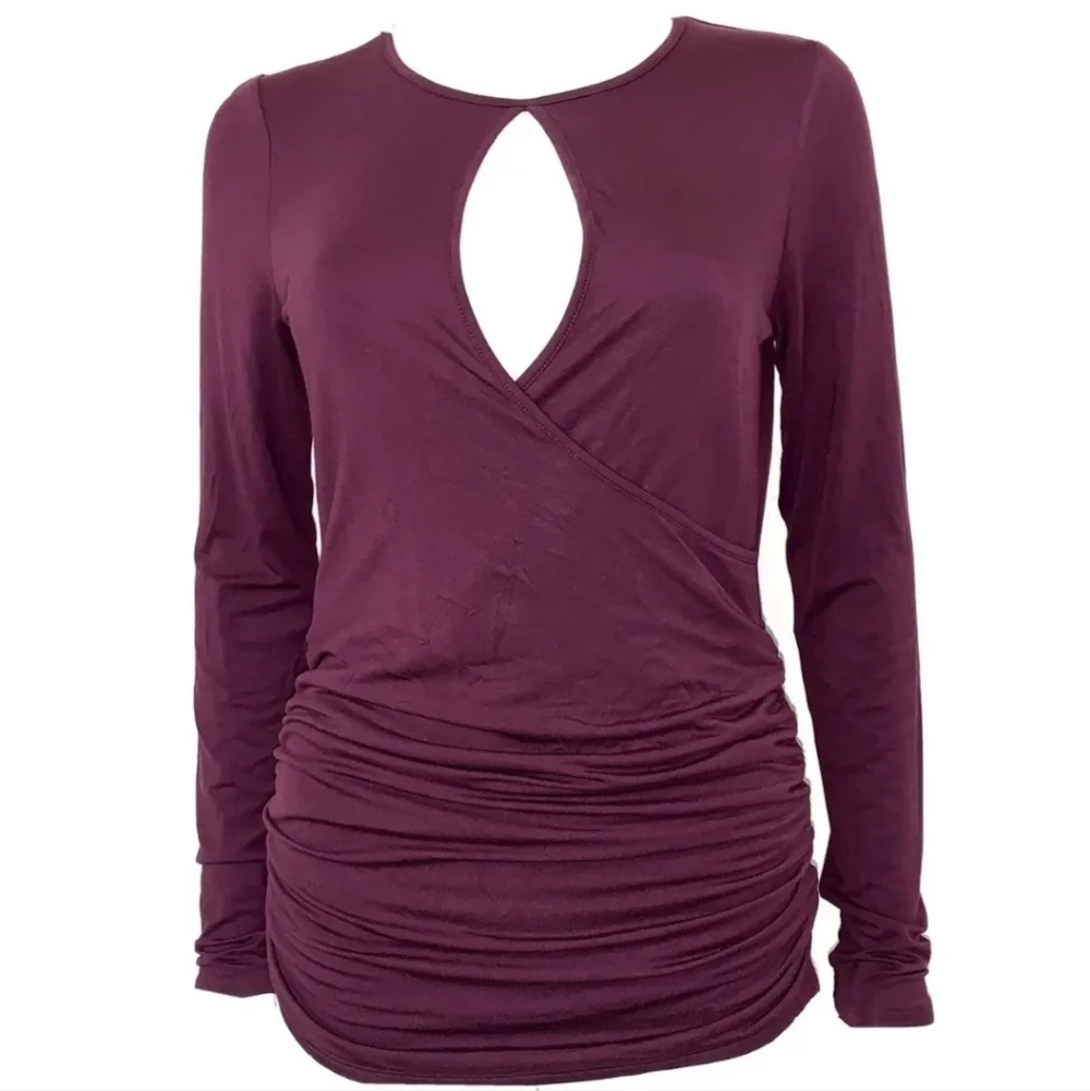 Anthro Vanessa Virginia Ruched Keyhole Cutout Top size M Burgundy Maroon